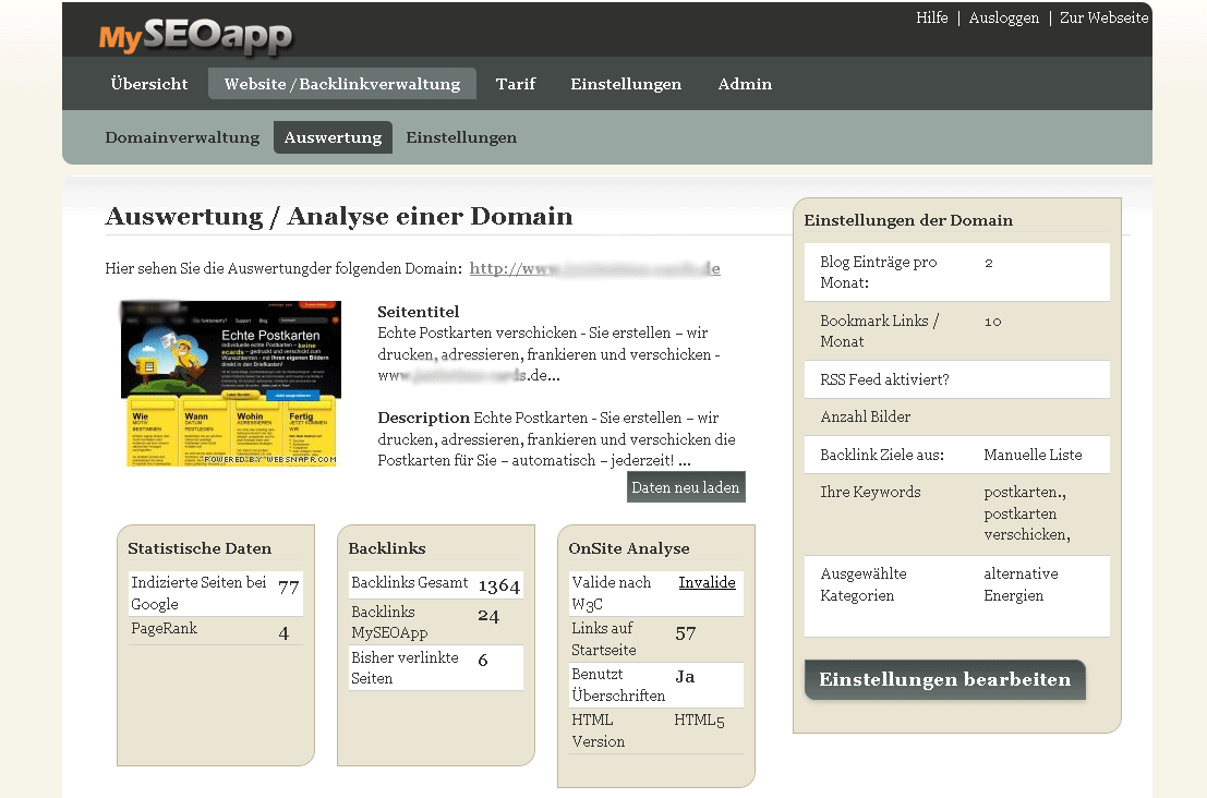 Analyse einer Domain in der MySEOapp Analyse einer Domain in der MySEOapp